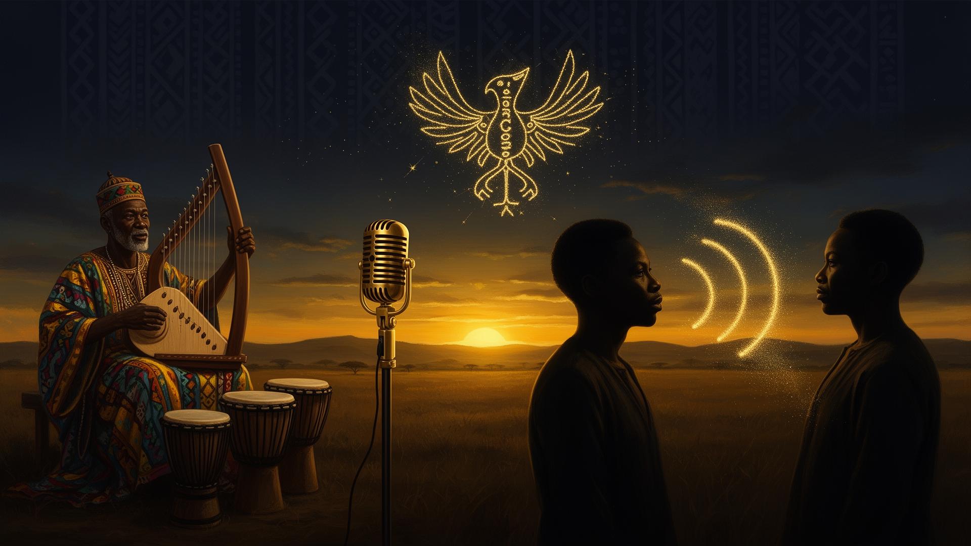 Kmtyw griot at dusk with kora, microphone, and djembe drums